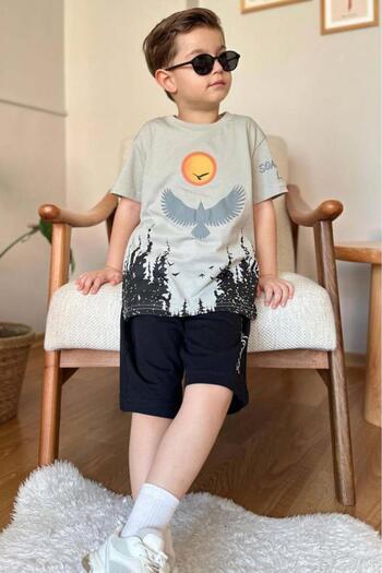 Riccotarz Boy's Tree and Sun Printed T-Shirt Text Detailed Beige Shorts Suit