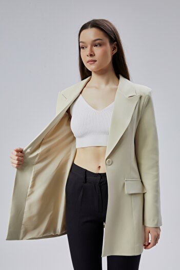 Bolivente Beige Double Breasted Long Blazer Jacket