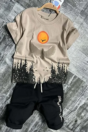 Riccotarz Boy's Tree and Sun Printed T-Shirt Text Detailed Beige Shorts Suit