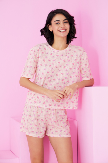 Siyah İnci Salmon Flower Pattern Pointel Openwork/Hole Crew Neck Knitted Shorts Set