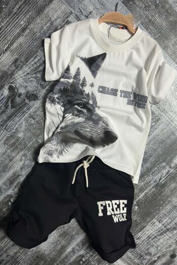 Riccotarz Хлопчачий комплект з чорними шортами з принтом вовка та написом «Free Wolf»