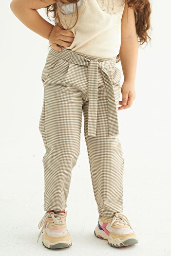 zepkids Plaid Patterned Beige Girl's Trousers with Belted Waistband