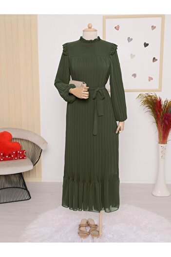 Modamorfo Tie Waist Chiffon Dress with Piece Sleeves - Khaki