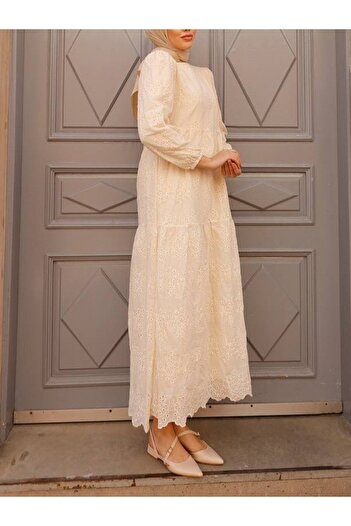 Modamorfo Beige Elastic Sleeve Segmented Dress