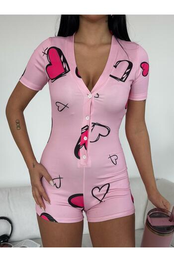 winmoda Printed and Buttoned Nightwear Jumpsuit / Homewear Pajamas Comfortable Use Short Sleeve Jumpsuit