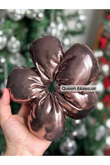 QUEEN AKSESUAR New Fashion Scrunchie Luxury Giant Fluffy Spongey Big Daisy Flower Rubbery Scrunchy Shiny Copper Coffee