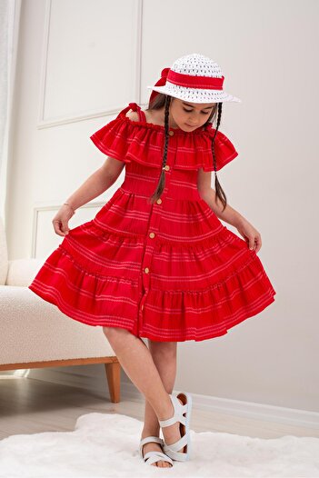 Seltay Girl's Summer Off-The-Shoulder Flounce Dress and Hat Set (Ages 2-5)