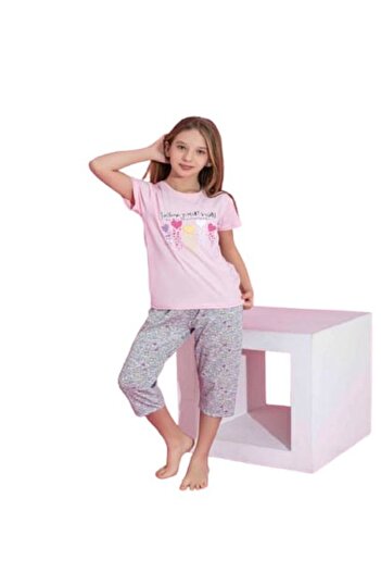 Tarık Girl's 100% Cotton Pink 5 Heart Printed Short Sleeve Capri Pajama Set