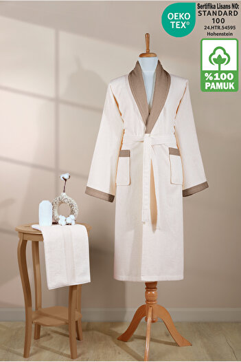 Ellaline Striped Bathrobe Set 100% Cotton Certified, 2 Pieces, Contrast Collar Shawl Bathrobe Set