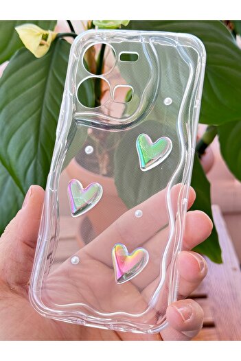 Fibaks Vivo Y35 Case 3D Heart Pearl Design Patterned Camera Protection Transparent Silicone Cover