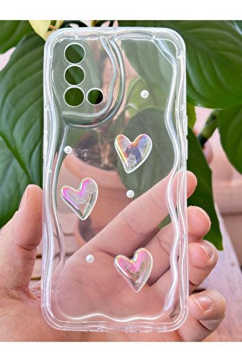 Fibaks Oppo A74 Case 3D Heart Pearl Design Patterned Camera Protection Transparent Silicone Cover