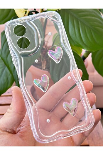 Fibaks Oppo A38 Case 3D Heart Pearl Design Patterned Camera Protection Transparent Silicone Cover