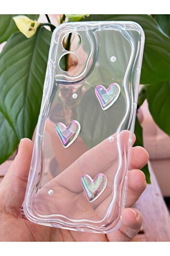 Fibaks Oppo A38 Case 3D Heart Pearl Design Patterned Camera Protection Transparent Silicone Cover