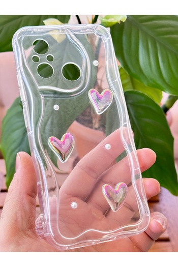 Fibaks Xiaomi Redmi 12C Case 3D Heart Pearl Design Patterned Camera Protection Transparent Silicone Cover