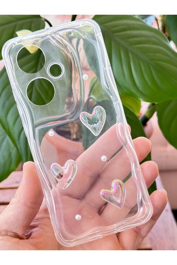 Fibaks Oppo Reno 11F Case 3D Heart Pearl Design Patterned Camera Protection Transparent Silicone Cover