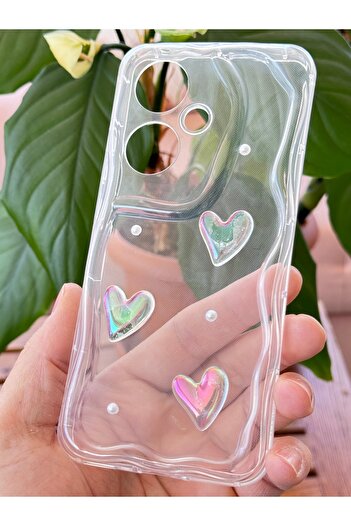 Fibaks Oppo Reno 11F Case 3D Heart Pearl Design Patterned Camera Protection Transparent Silicone Cover