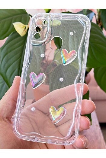 Fibaks Samsung Galaxy M30S-M21 Case 3D Heart Pearl Design Patterned Camera Protection Transparent Silicone Cover