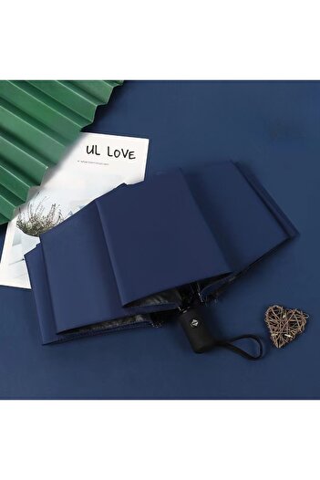 Choice Navy Blue Automatic Rain & Sun Umbrella Black Coating Parasol Anti-UV 3 Folding Wind Resistant Auto