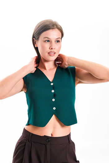 HayalGecesi Women's V-Neck Buttoned Summer Crop Knitwear Vest