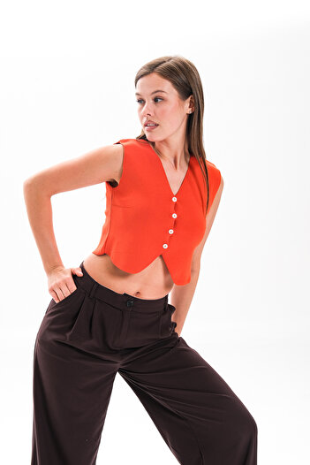 HayalGecesi Women's V-Neck Buttoned Summer Crop Knitwear Vest