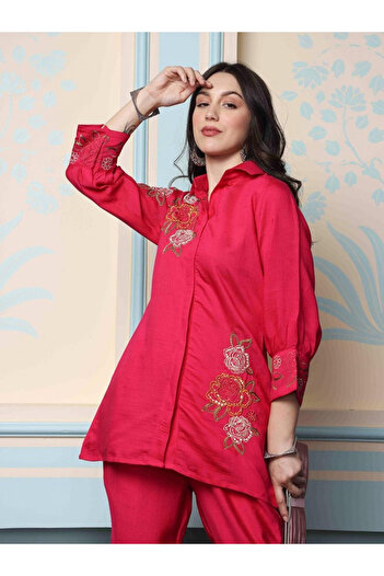 Ishin By Styli Embroidered Longline Shirt and Trousers Co-Ords