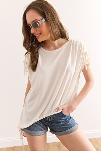 Olalook Women's Ecru Asymmetrical Drawstring Detailed Draped Knitted Viscose Blouse Blz-19002932