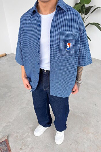 HAFKAGİYİM Синя картата блуза з регульованим поясом Oversize