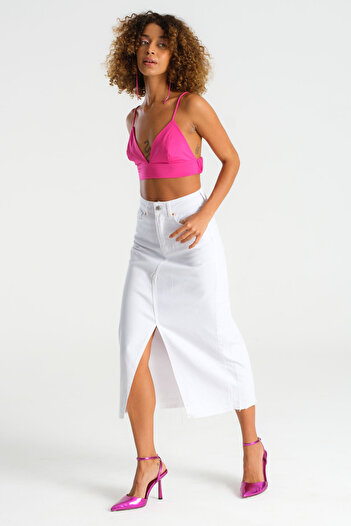 its basic Women's White Color Deep Slit High Waist Long Denim Skirt