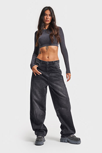its basic Kadın Koyu Füme Renk Baggy Fit Bol Kesim Denim