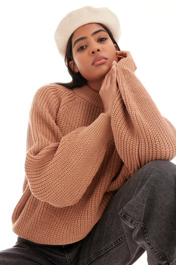 its basic Γυναικών καφέ χρώμα Oversize Fit χοντρό πλεκτό πουλόβερ πουλόβερ