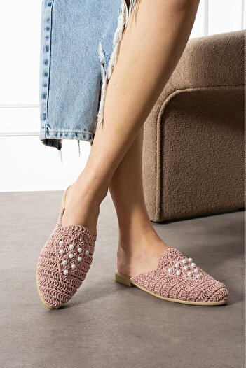 İpek Silk Women's Straw Rope Beaded Daily Home Beach Front Indoor Slippers