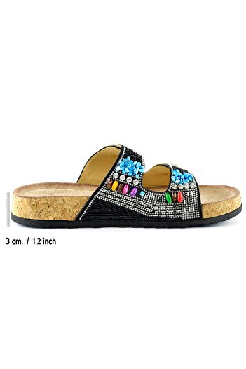 Erkan Saçmacı Black Fixed Double Banded Colorful Stone Beaded Cork Sole Look Slippers
