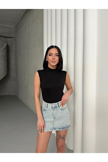 Lunamiratto Body negru, fără mâneci, din 4 piese, cu mâneci zero, cu gât înalt, elastic Badi