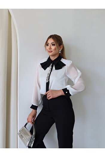 1Moda1Tarz Women's Top Imported Yoryo Chiffon Fabric Collar Detail Stone Embroidery Shirt Inner Blouse Bottom Pants Three Piece Set