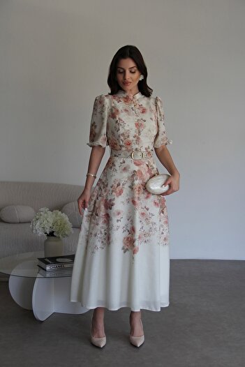 Julidress Floral Patterned Buttoned Stand Collar Belted Midi Length Premium Design Linen Dress