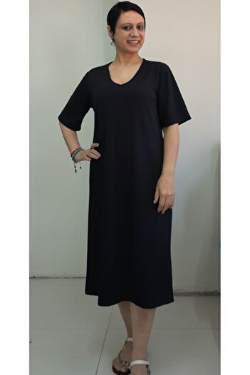 Mertcan Butik Μαύρο κοντομάνικο φόρεμα βισκόζης με λαιμόκοψη V