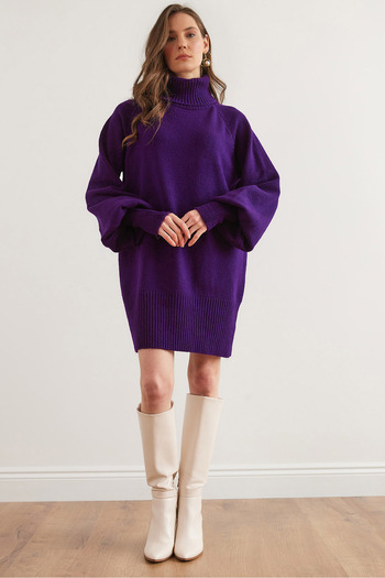 Olalook Women's Purple Turtleneck Balloon Sleeve Loose Knitwear Dress Elb- 19000867