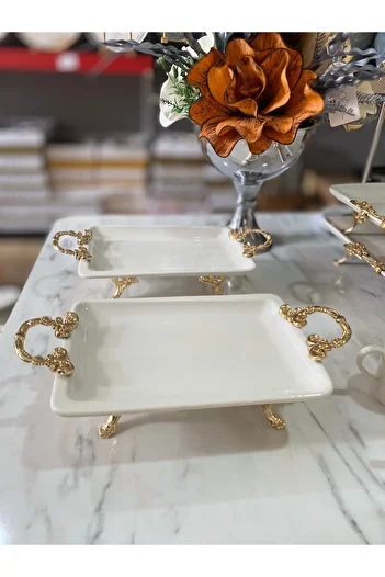 Sillage Home 2-Piece Square Gold Footed Handle Detailed Presentation Serving Plate Medium Size 20cm