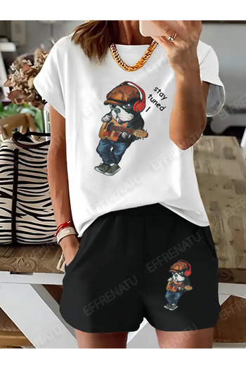 EFFRENATU hila fashion Διατίθεται σε μεγάλα μεγέθη Ασπρόμαυρο μπλουζάκι και σορτς με χαριτωμένο σχέδιο αρκούδας