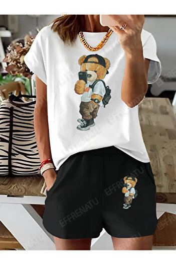 EFFRENATU hila fashion Διατίθεται σε μεγάλα μεγέθη Ασπρόμαυρο μπλουζάκι και σορτς με χαριτωμένο σχέδιο αρκούδας