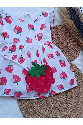 ayzen store Strawberry Pattern Bag Detailed Pleated Girl Dress