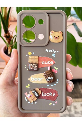 Fibaks Vivo Y36 Compatible Case Designed Patterned Camera Protection Teddy Bear Brown Colored Soft Silicone Cover