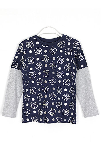 DobaKids Silver Lame Printed Sad Outfit Boy & Baby Navy Blue Long Sleeve Sweatshirt