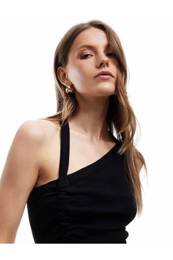 Koton Cotton Asymmetric Neck Sleeveless Ribbed Shirred Blouse