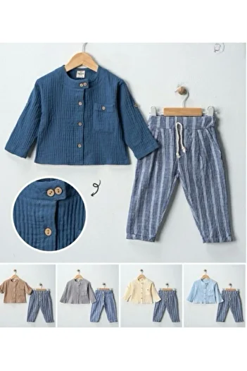 tutasteegiyim Light Blue Wooden Collar Boy-Baby Muslin Top and Bottom Set