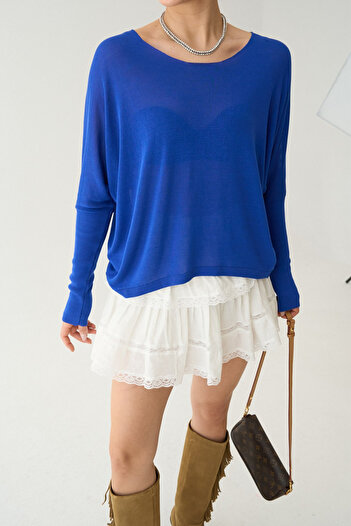 LOOSH Kadın İndigo Kayık Yaka Oversize Bluz