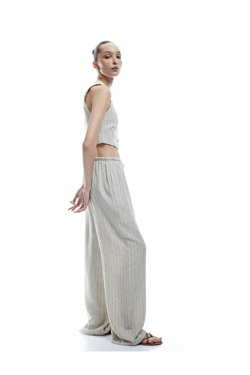Koton Lace-Up Waist Linen Blended Comfortable Fit Striped Wide Leg Pants