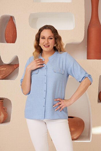 Imagine Giyim Large Size Baby Blue Shirt with Pocket Cover Stone Detail