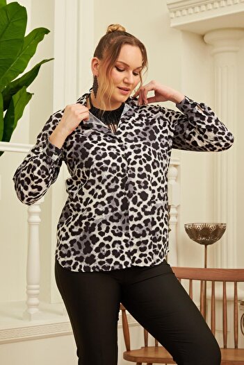 Imagine Giyim Leopard Print Large Size Smoked Shirt