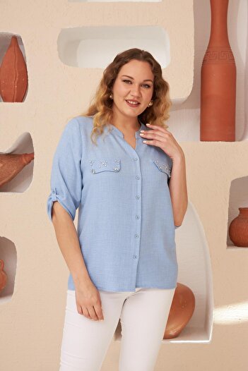 Imagine Giyim Large Size Baby Blue Shirt with Pocket Cover Stone Detail
